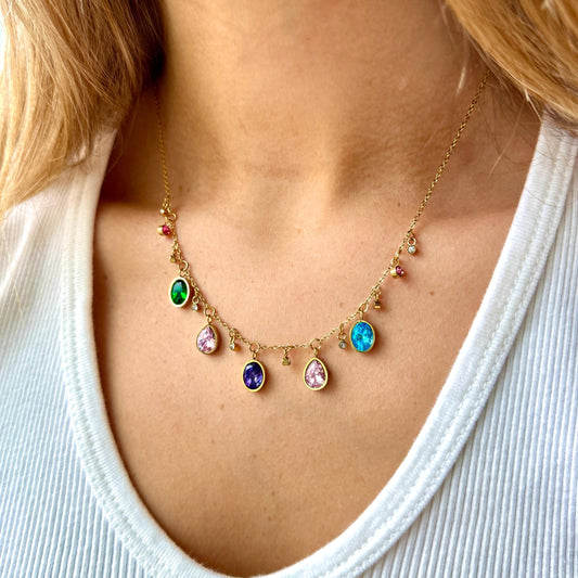 Gold statement necklace, gemstone statement necklace, crystal gemstone unique jewelry, vintage necklace, colorful stone jewelry boho pendant