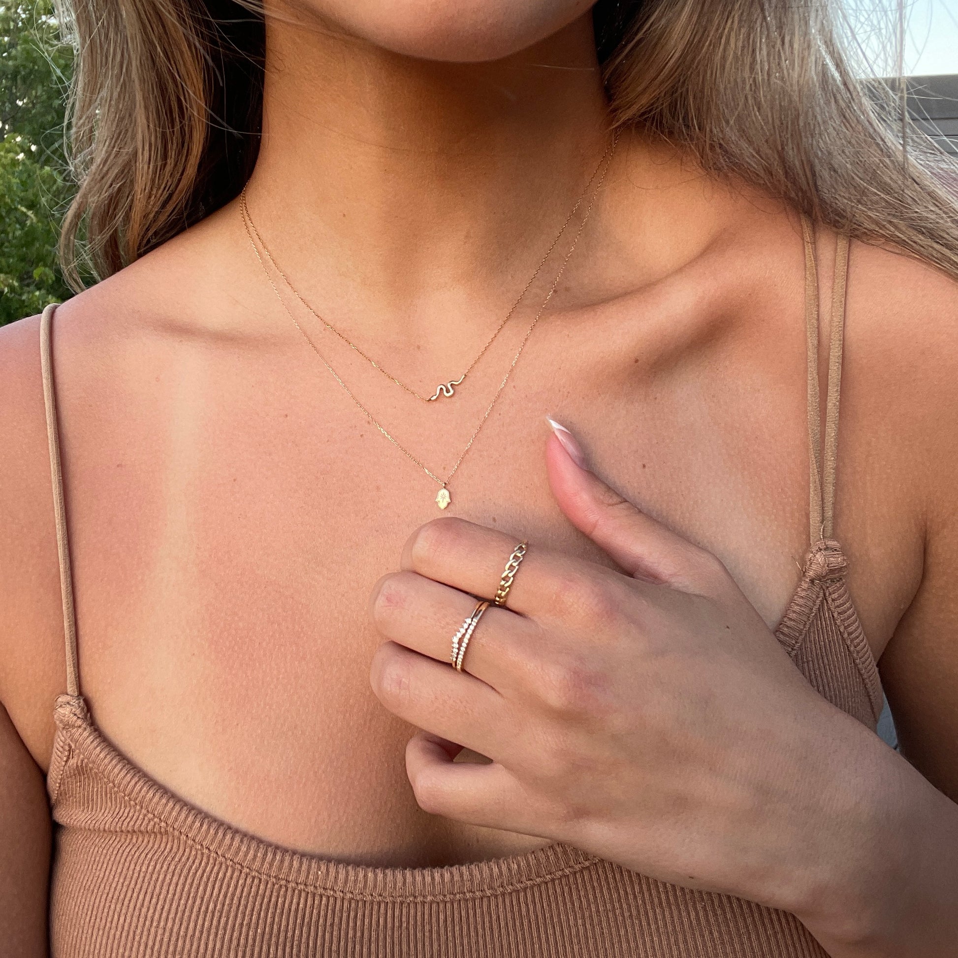 layered solid gold jewelry, stack gold necklaces, stackable jewelry, solid gold jewelry, waterproof jewelry