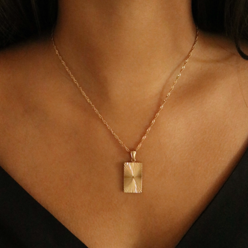 shiny gold twisted chain pendant, gold sun pendant, shiny sun gold pendant
