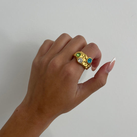 Chunky Gemstone Ring, statement ring irregular chunky, hammered textured gold ring, large gold ring, eccentric ring, unique ring, thick ring