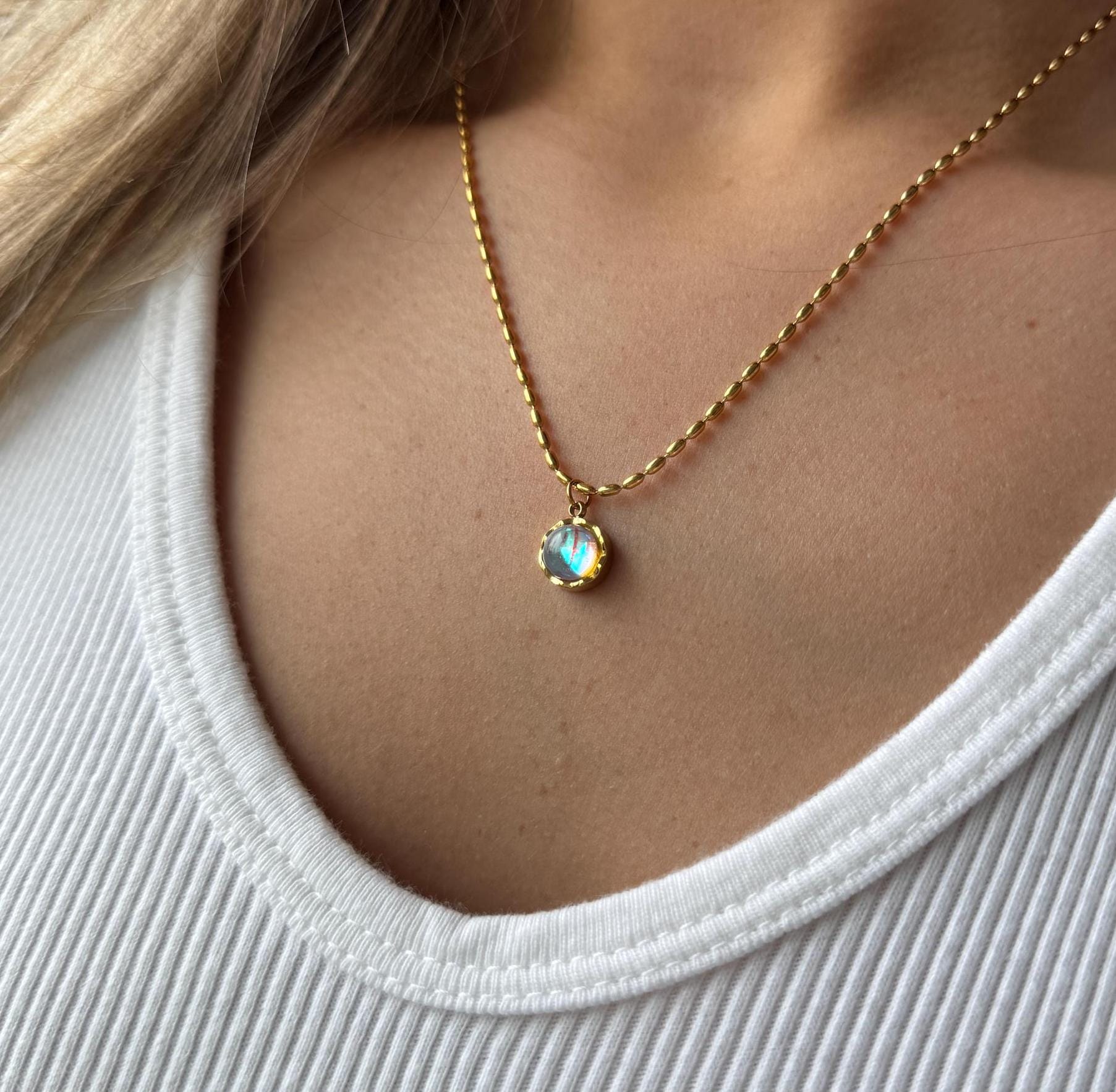 Gold vintage necklace, opal moonstone jewelry gift for her, birthstone necklace for women, gold beaded necklace unique gemstone opal pendant