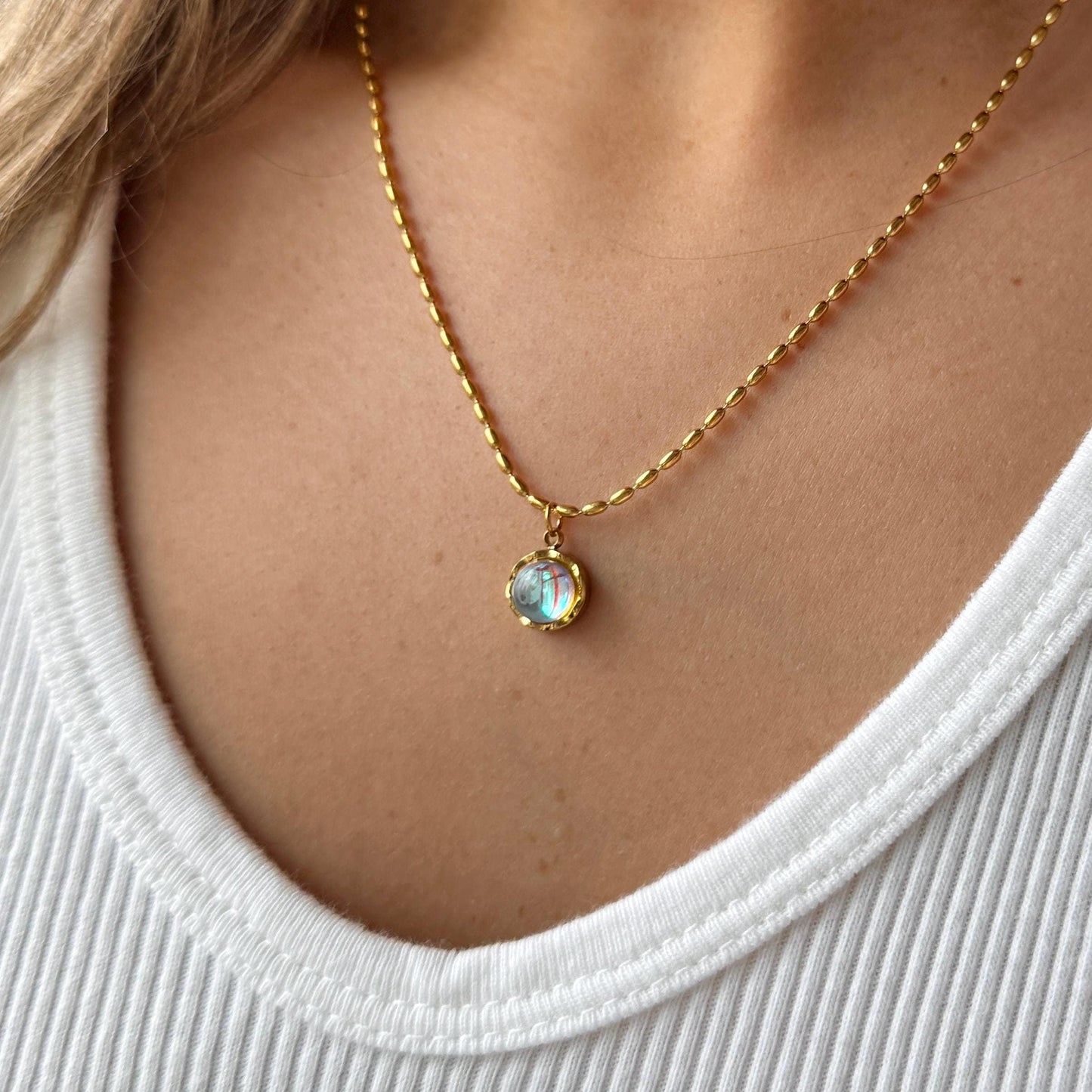 Gold vintage necklace, opal moonstone jewelry gift for her, birthstone necklace for women, gold beaded necklace unique gemstone opal pendant