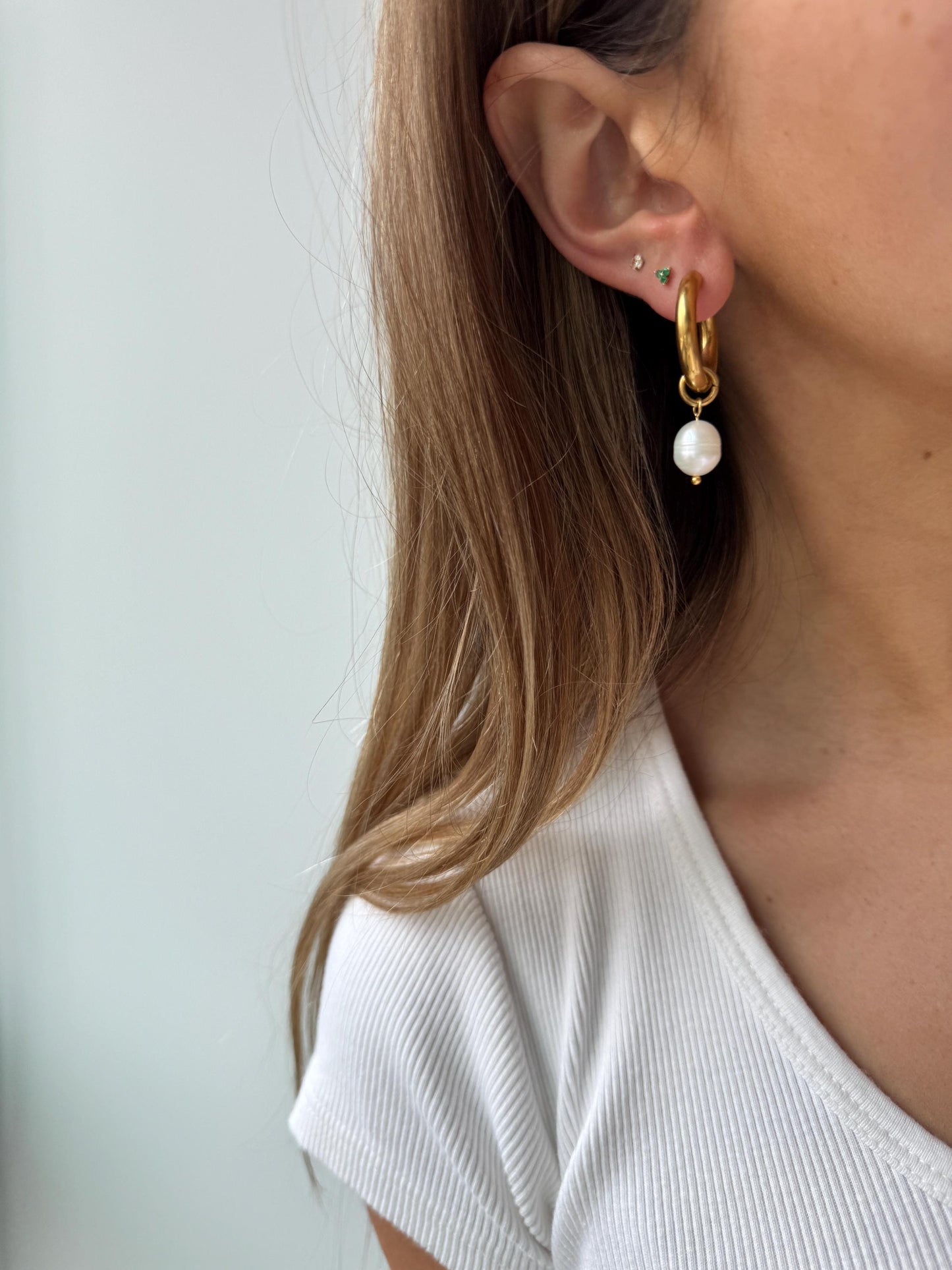 Gold vintage pearl hoop earrings, dangle drop pearl hoops, gold boho earrings, unique gold dangle drop earrings for women, pearl drop hoops