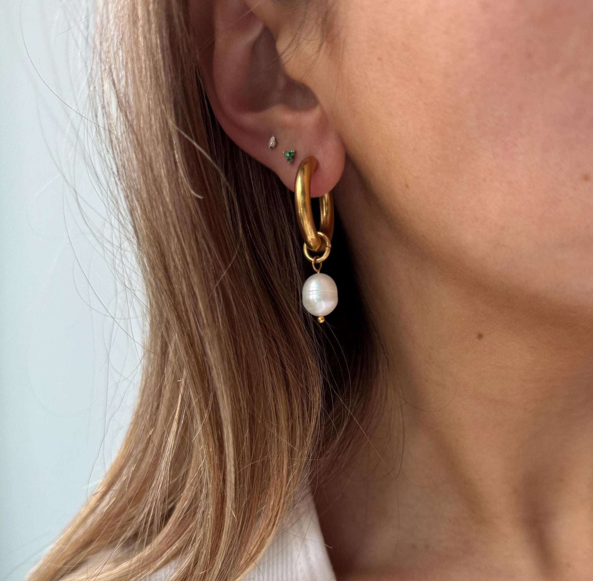 Gold vintage pearl hoop earrings, dangle drop pearl hoops, gold boho earrings, unique gold dangle drop earrings for women, pearl drop hoops