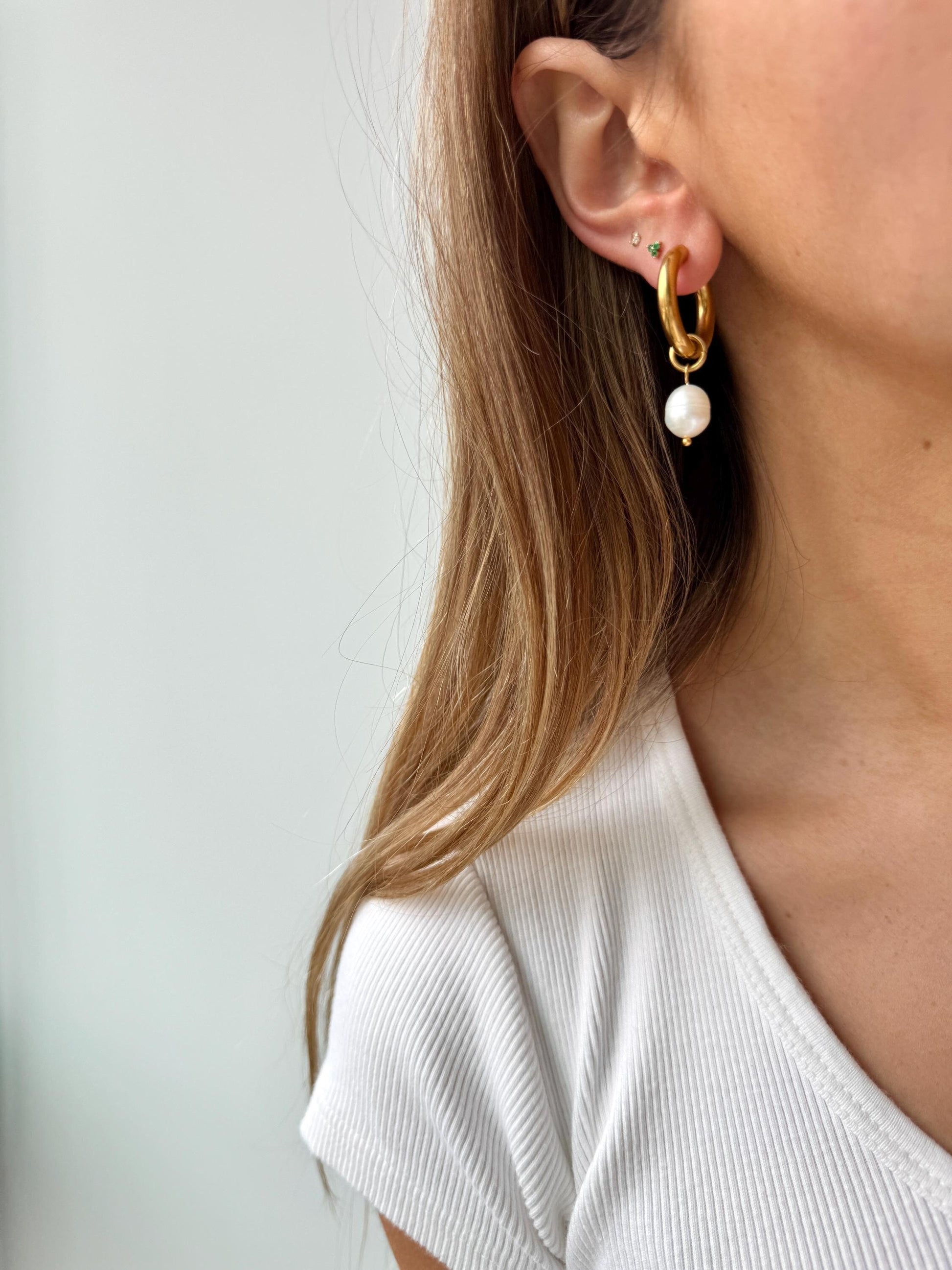 Gold vintage pearl hoop earrings, dangle drop pearl hoops, gold boho earrings, unique gold dangle drop earrings for women, pearl drop hoops