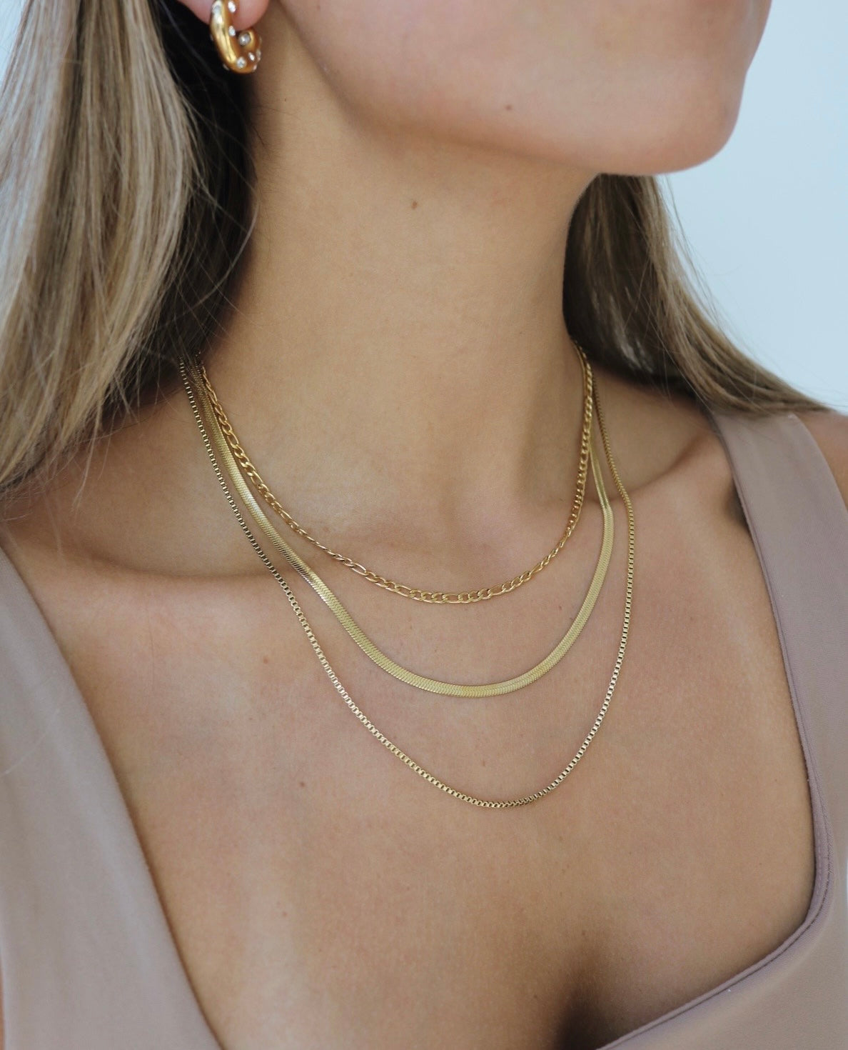 Gold Layered Necklace - 3 layer chain necklace, snake herringbone, Figaro