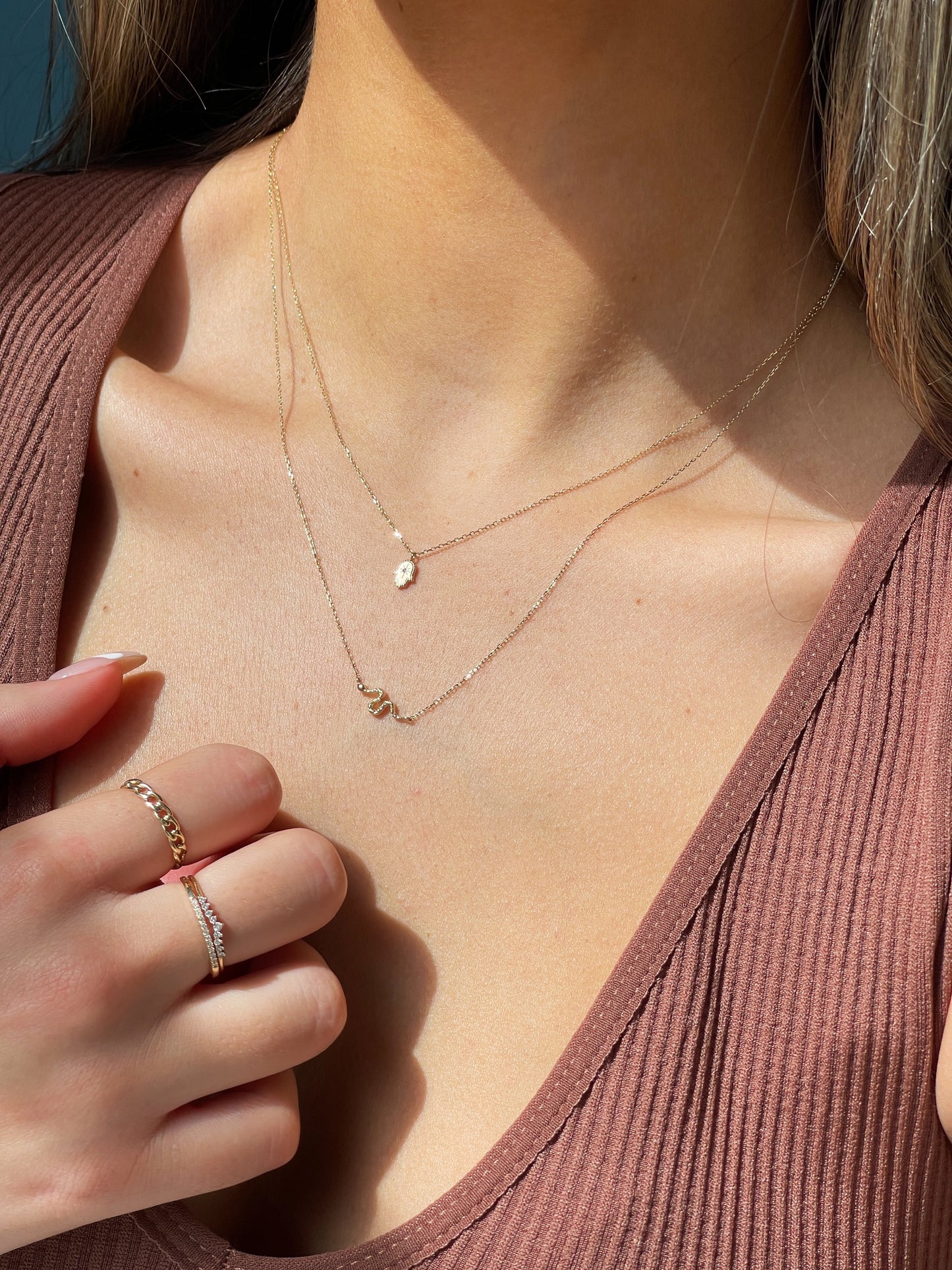 snake necklace, hand necklace, fatima hand necklace, 14k hand necklace, 14k fatima luck necklace