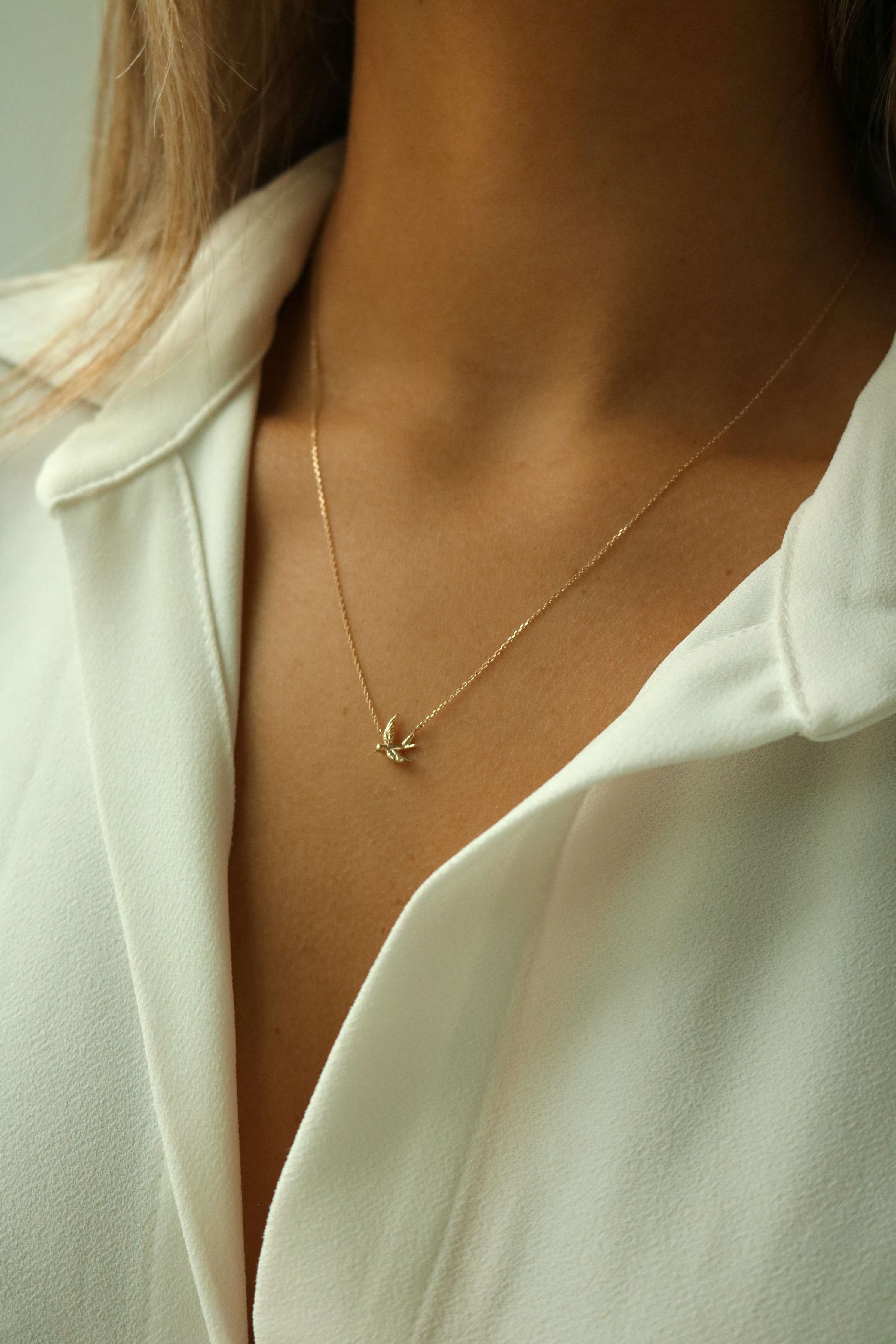 14k Yellow Gold Diamond Cut Flying Bird Necklace - The Black Bow Jewelry  Company