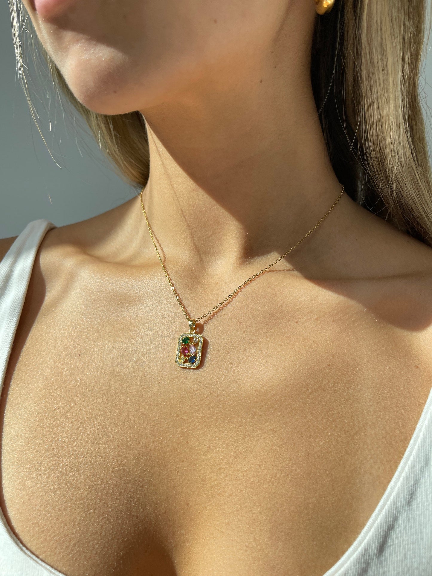 Irregular Gemstone Necklace, colorful stone necklace, minimalist square pendant, square gold pendant, pendant necklace layering, gemstone
